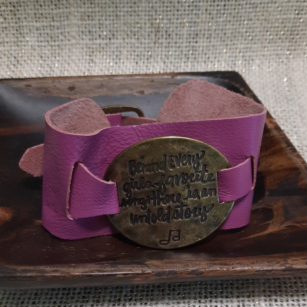 Pink Leather Bracelet with Engraved Metal Inspirational Quote Plate Antique Bron